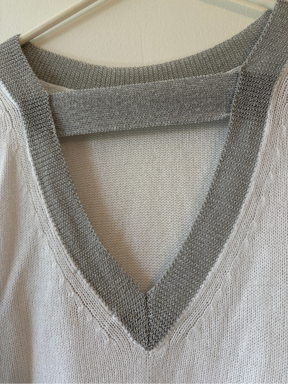 Michael Kors White Knit Sweater Metallic Silver Trim Open Back Size M - Picture 8 of 9